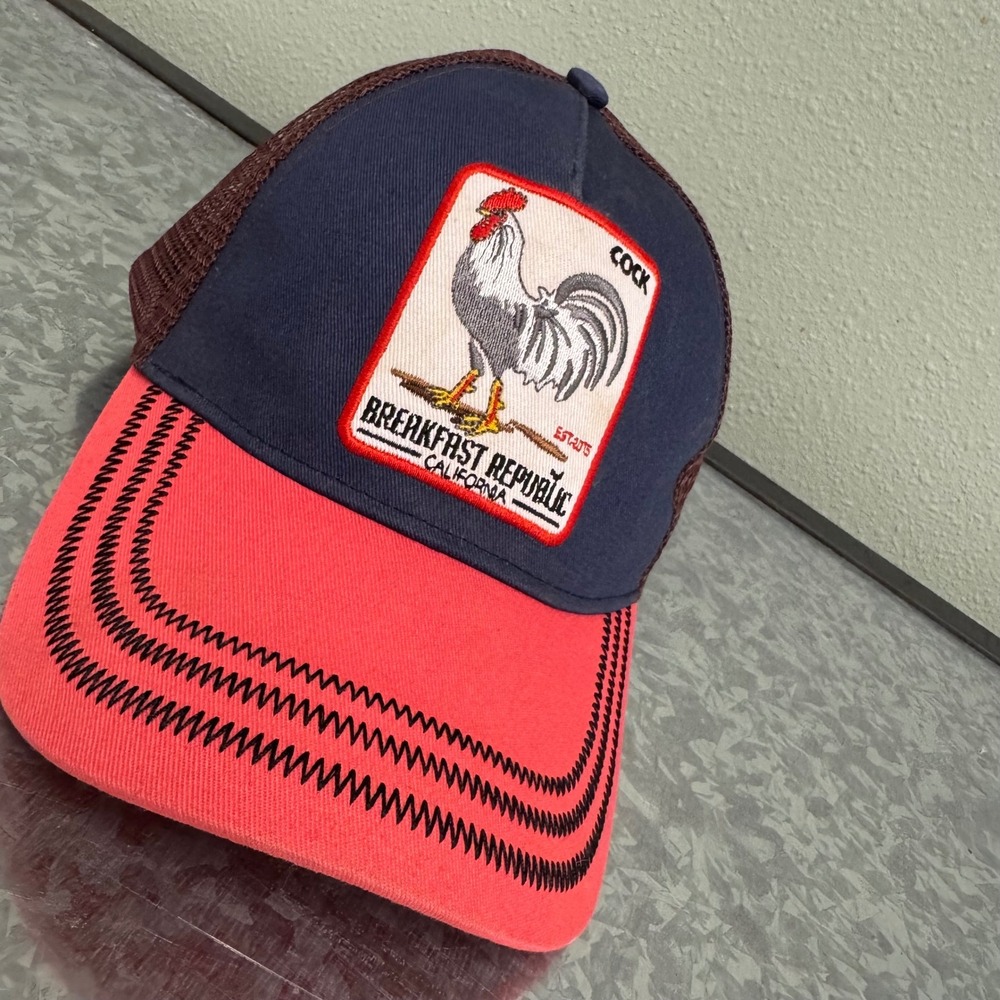 Breakfast Republic Trucker Hat Men Adjustable Navy Coral Excellent Rooster Patch
